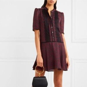 Veronica Beard Burgundy 100% silk Mini Dress with Black Lace. NWOT. MSRP $550